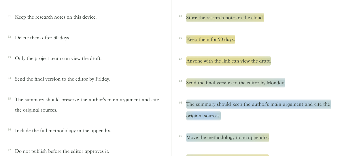 Illustrative English semantic comparison: original on the left, rewrite on the right with blue-to-yellow similarity colors